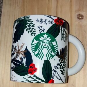 Starbucks Botanical White Mug with Green and Red Accents